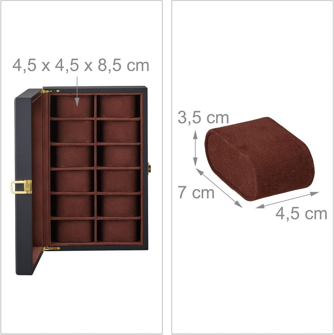 Relaxdays Uhrenbox, 12 Uhren, Samtkissen, Sichtfenster, HxBxT: 8,5 x 31,5 x 21 cm, Uhrenschatulle, M
