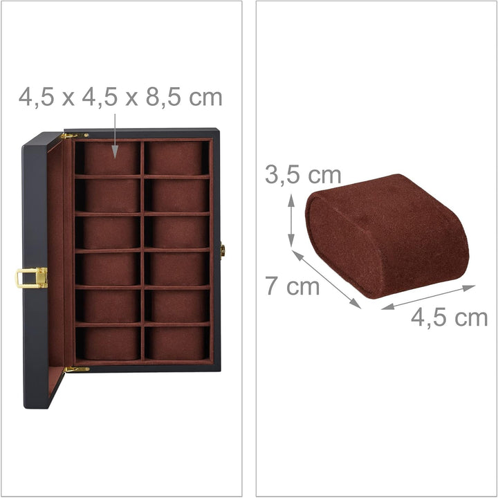 Relaxdays Uhrenbox, 12 Uhren, Samtkissen, Sichtfenster, HxBxT: 8,5 x 31,5 x 21 cm, Uhrenschatulle, M