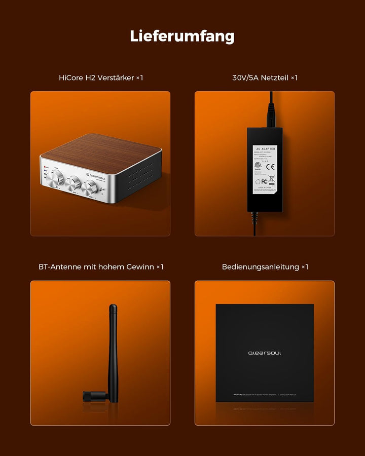 Qlearsoul HiCore H2 Bluetooth 5.4 HiFi-Stereo-Verstärker — TI TPA3255 Klasse D, 100 W x2 (@ 4Ω) Nenn