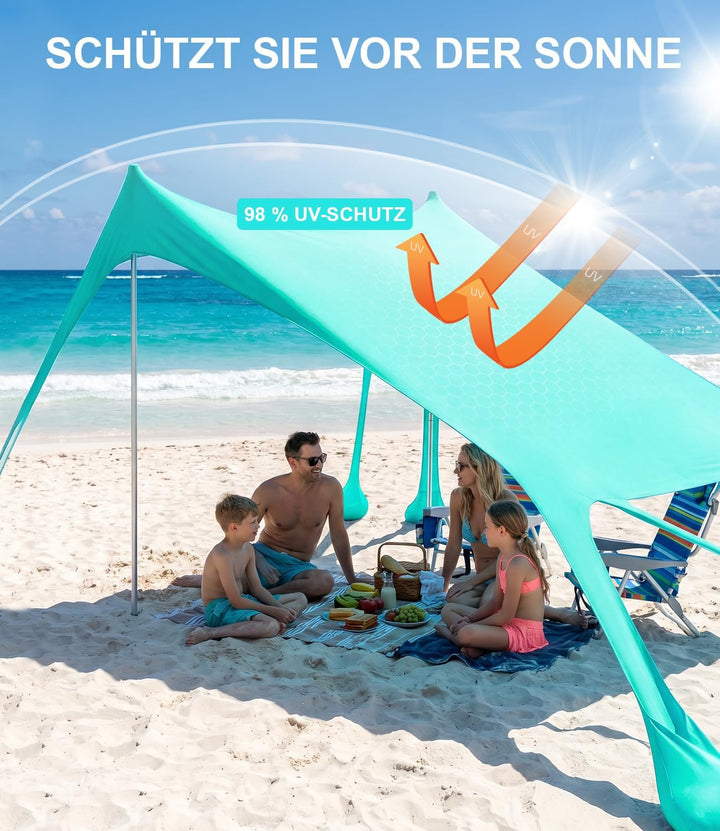 UV Strandzelt UPF50+, 3m x 3m Strandzelt Sonnenschutz Sonnensegel mit 8 Sandsäcken und 2 Sandschaufe