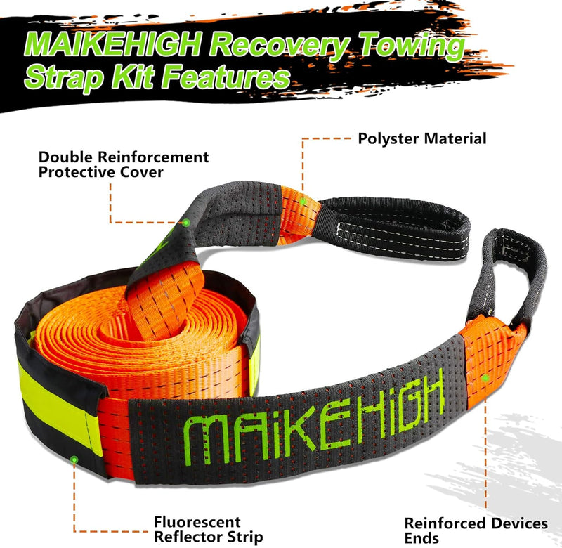 MAIKEHIGH Abschleppseil 5M x 5cm, 10 Tonnen (22,000 Lbs) Polyester Tow Rope Kit Für Off-Road Recover