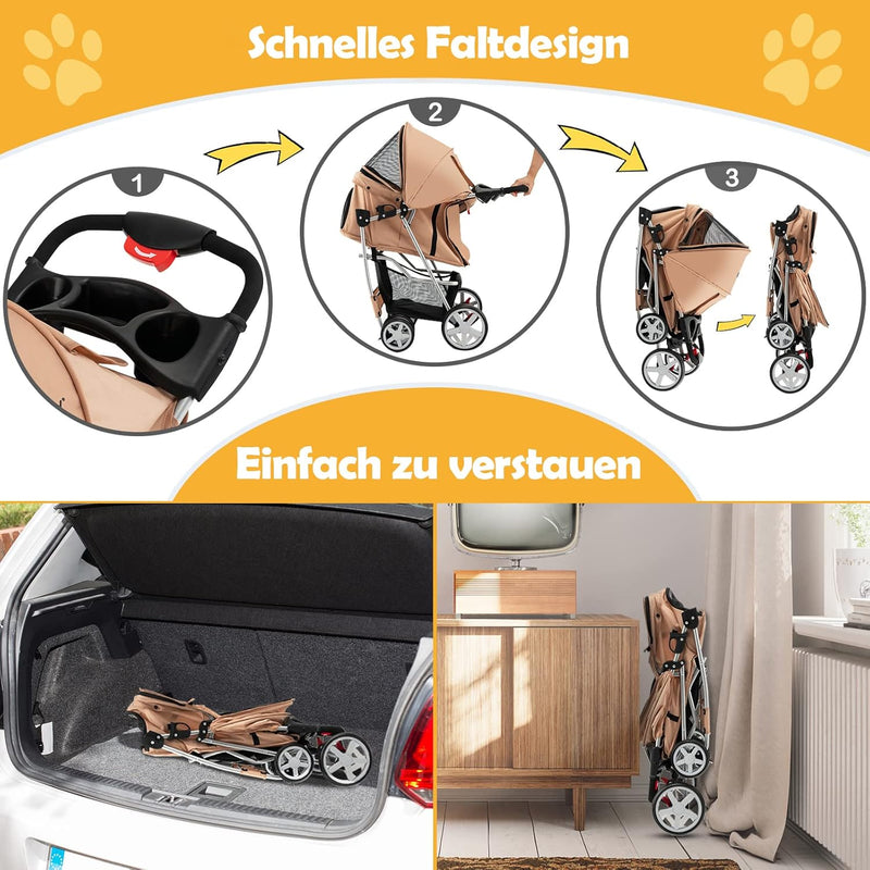 COSTWAY Hundewagen Haustiere Buggy bis 15kg, Hundebuggy mit Netzfenstern & Getränkehalter & Anhänger