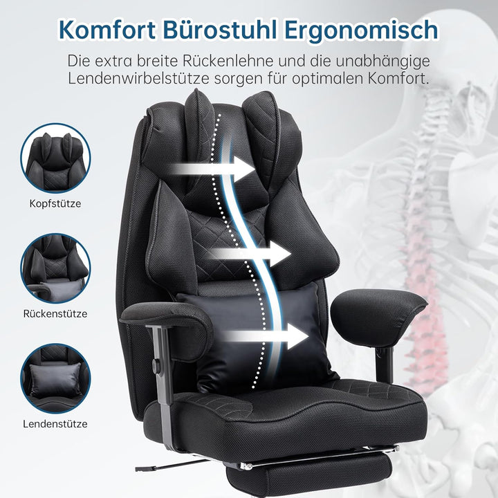 Ergonomischer Bürostuhl 200kg, Chefsessel mit Fussstütze, Schreibtischstuhl mit Lendenkissen, Bequem