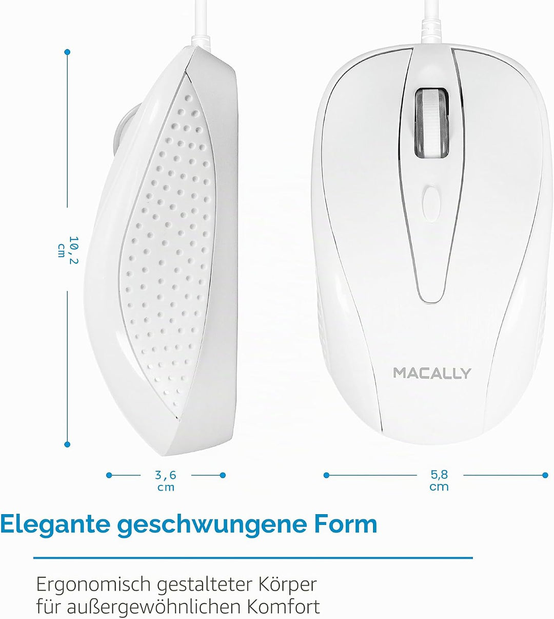 Macally UCTURBO, MacBook Maus USB C, optisch mit Kabel, Mouse für USB-C Notebook und Laptop, weiss /