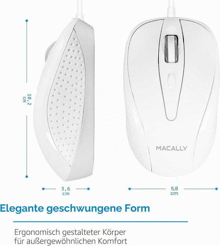Macally UCTURBO, MacBook Maus USB C, optisch mit Kabel, Mouse für USB-C Notebook und Laptop, weiss /