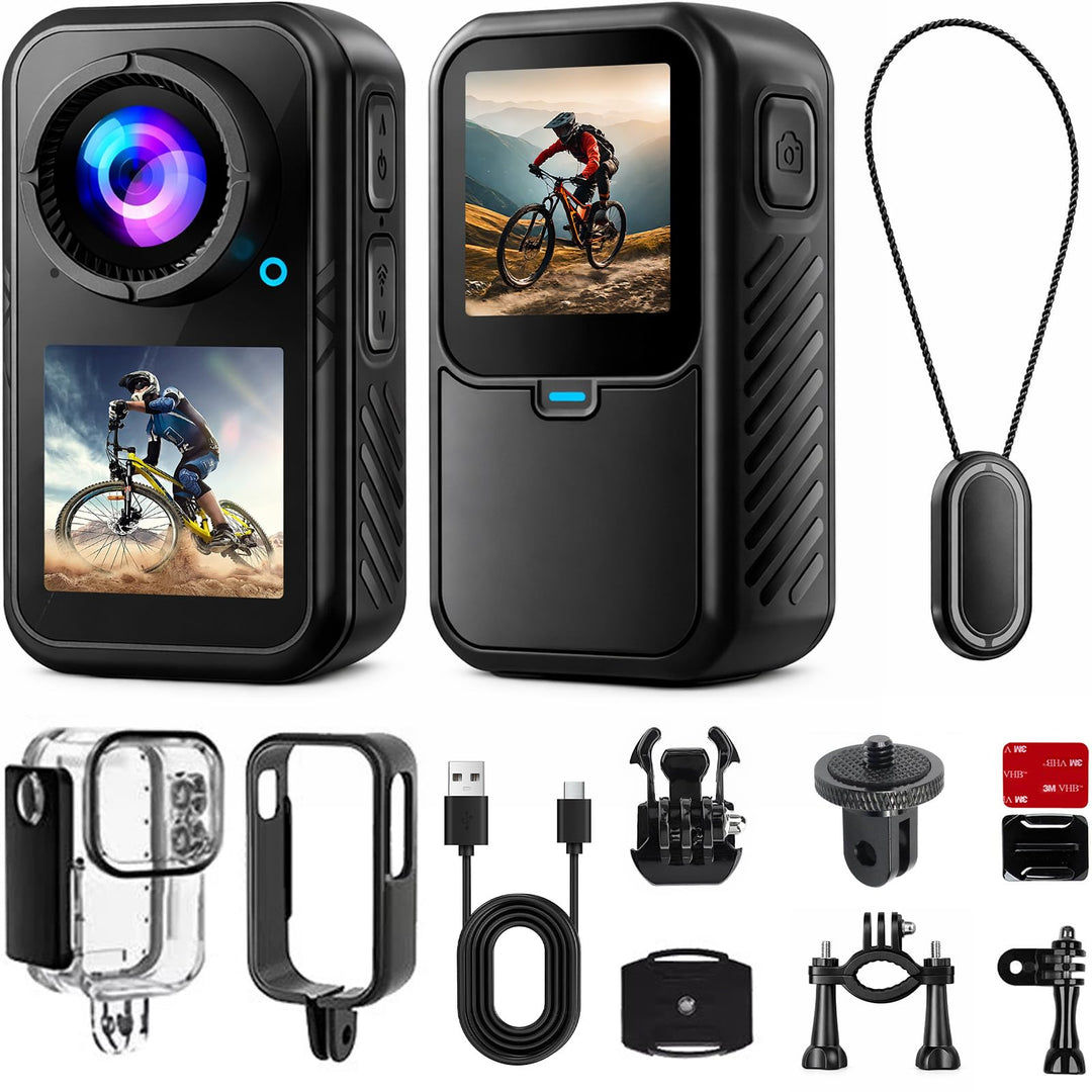 Action Cam 5K, Mini Sportkamera WiFi mit 64G, Tragbare Action Kamera Mit Doppelseitigen Displays Vor