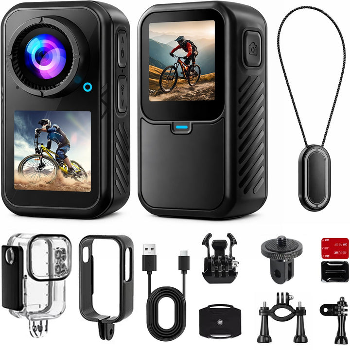 Action Cam 5K, Mini Sportkamera WiFi mit 64G, Tragbare Action Kamera Mit Doppelseitigen Displays Vor