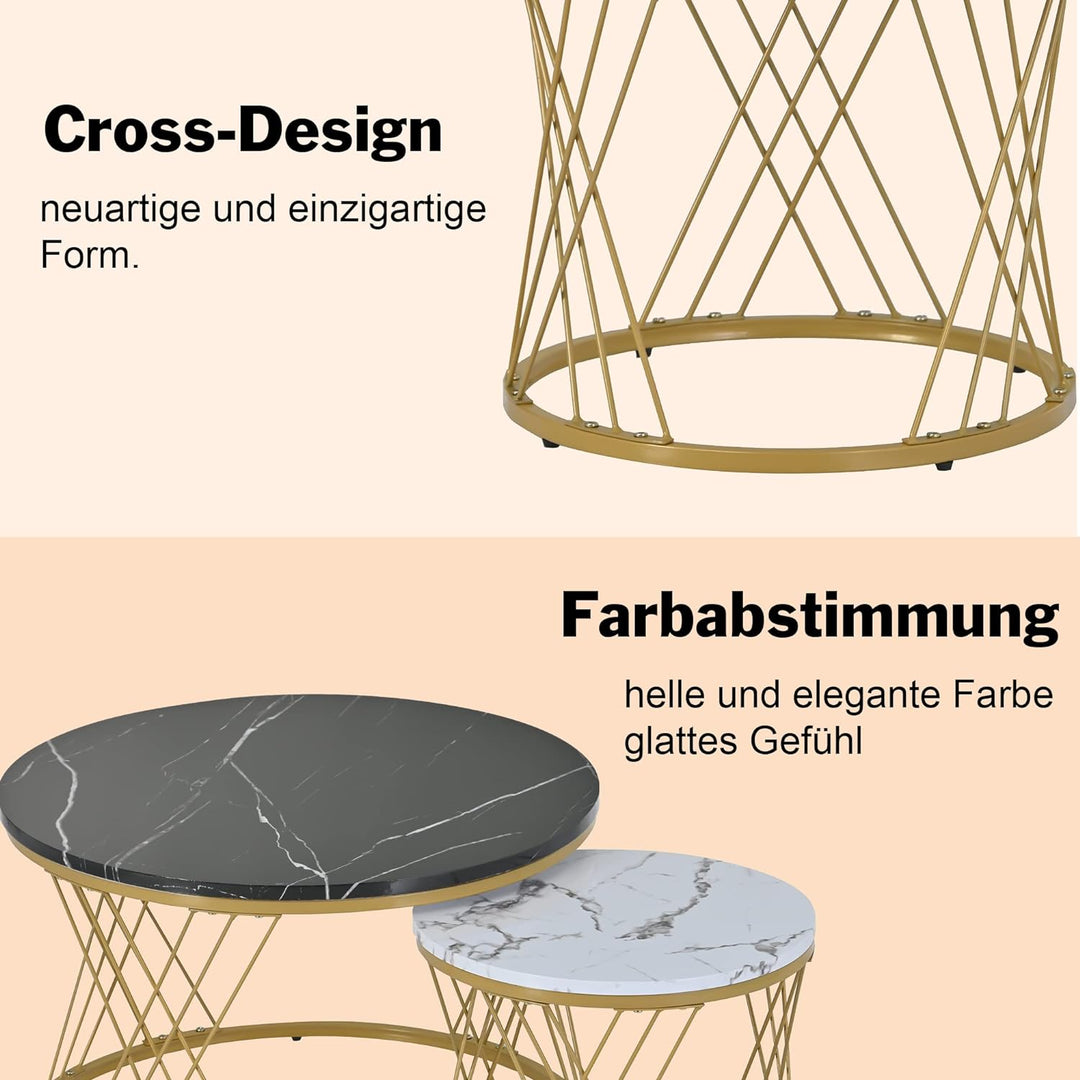 Moderne Rund Couchtisch 2er Set, Beistelltisch-Set, Couchtisch Satz Marmor Furnier Sofa Seite Nest v