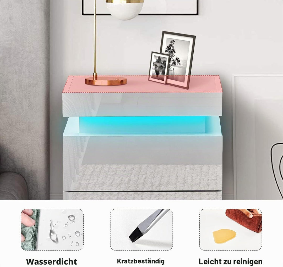 CLIPOP Moderner Nachttisch Hochglanzfront Kommode mit 3 Schubladen mit LED-Lichtern, 3 Schubladen Sc