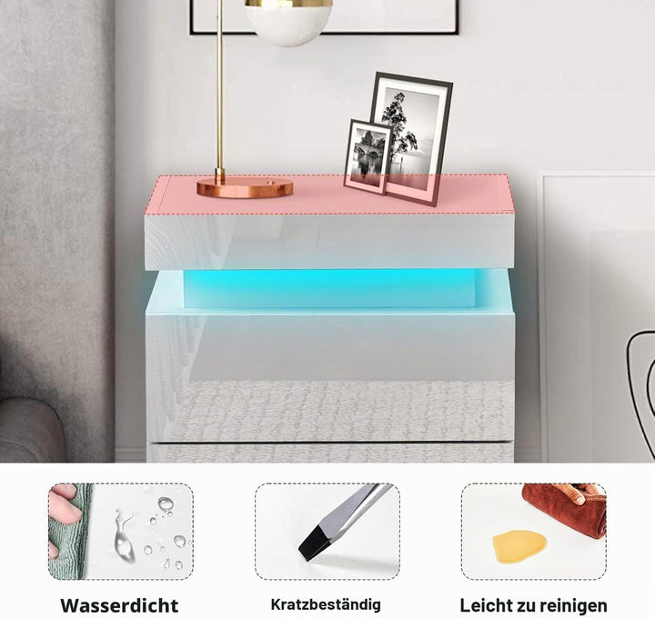 CLIPOP Moderner Nachttisch Hochglanzfront Kommode mit 3 Schubladen mit LED-Lichtern, 3 Schubladen Sc