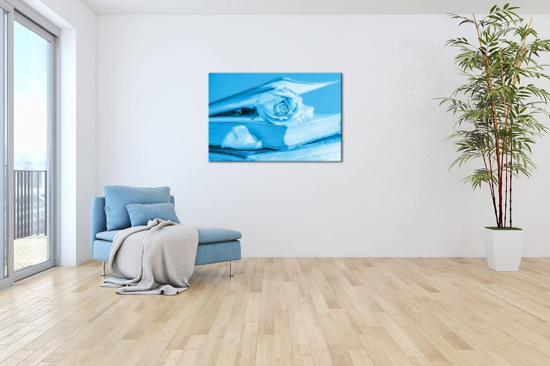deyoli weisse Rose im Buch Format: 60x40 Effekt: Monocrome Blau als Leinwand, Motiv fertig gerahmt a