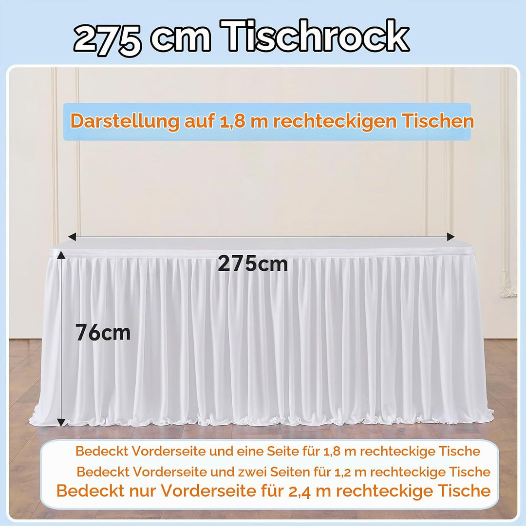 NSSONBEN 275cm White Polyester Table Skirts for Rectangle Tables, Wrinkle Free Ruffle Pleats Cloth T