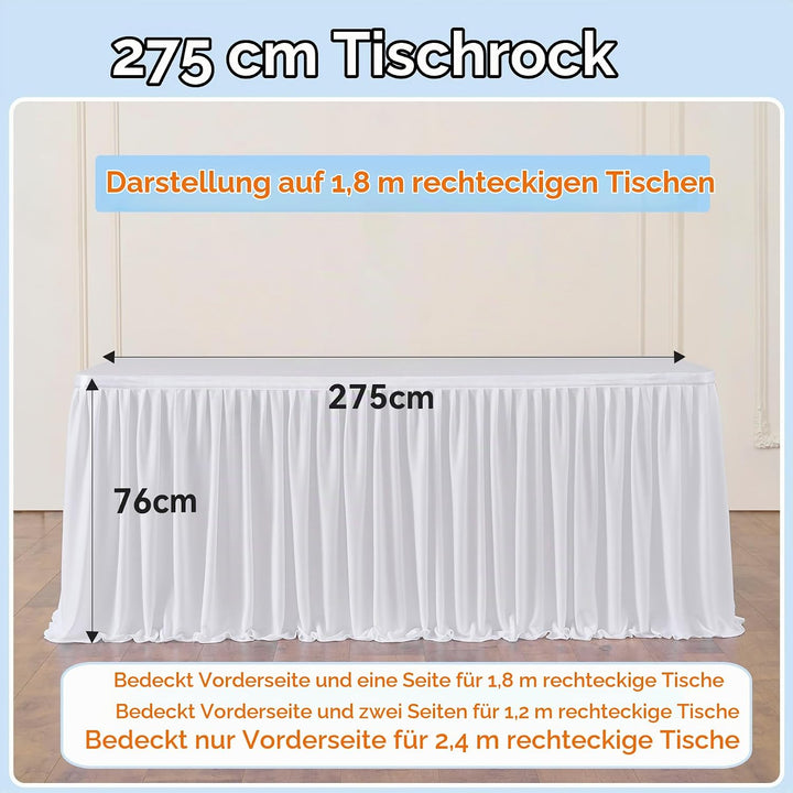 NSSONBEN 275cm White Polyester Table Skirts for Rectangle Tables, Wrinkle Free Ruffle Pleats Cloth T