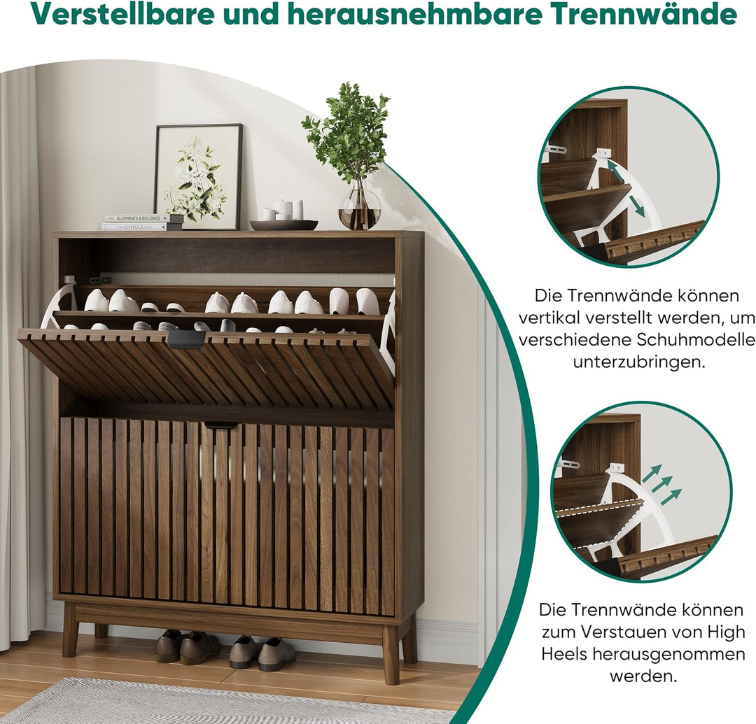 Kiasthome 2-flügiger Schuhschrank mit Klappschubladen, Holz-Schuhorganizer mit belüfteten Lamellentü