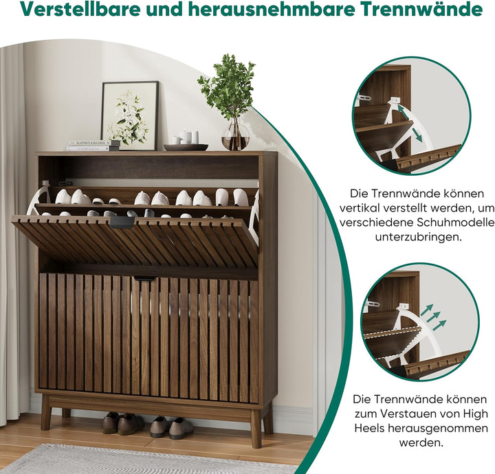 Kiasthome 2-flügiger Schuhschrank mit Klappschubladen, Holz-Schuhorganizer mit belüfteten Lamellentü