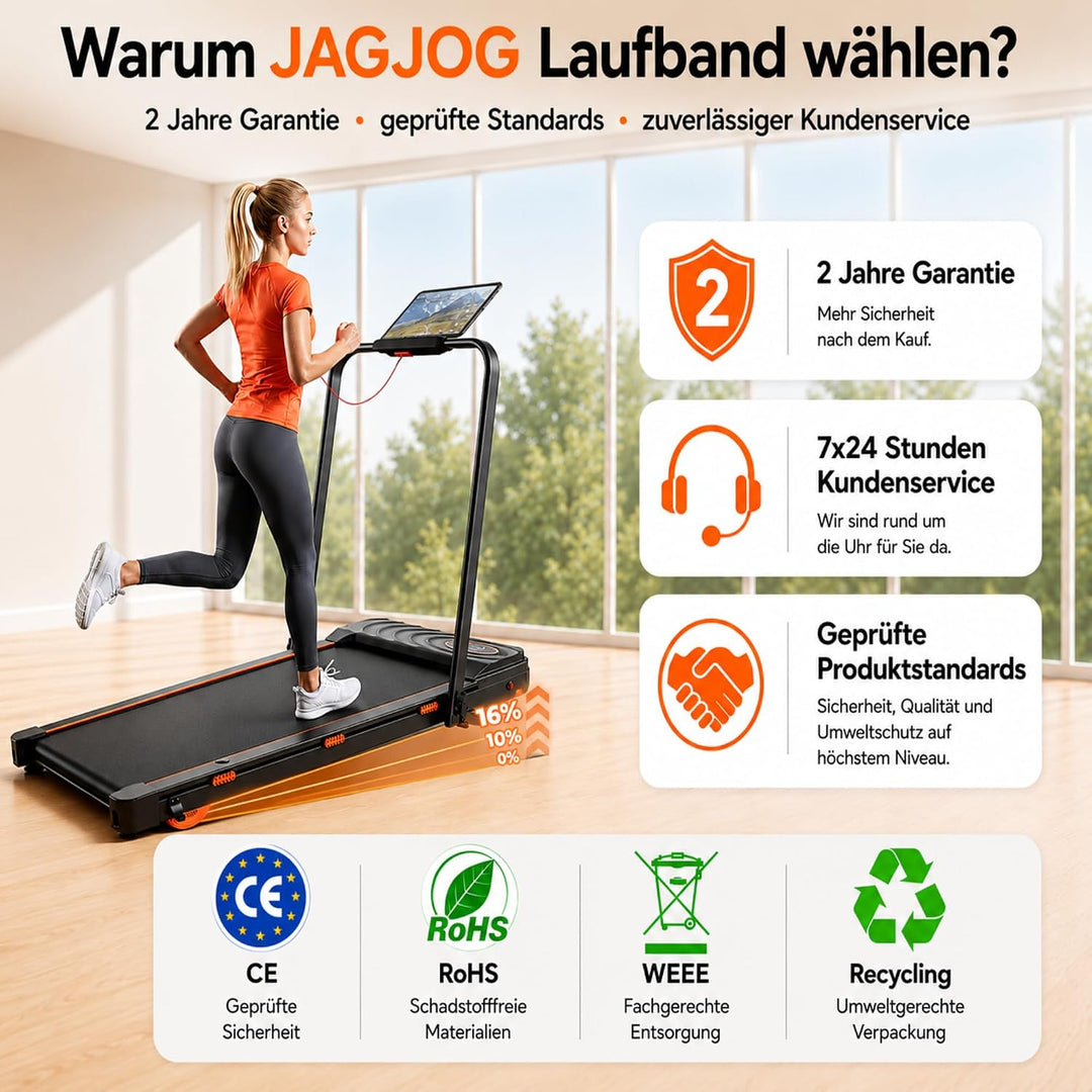 JAGJOG Klappbar Laufband mit Auto 16% Steigung, Laufband für Zuhause 12 km/h, Walking Pad mit APP &amp;