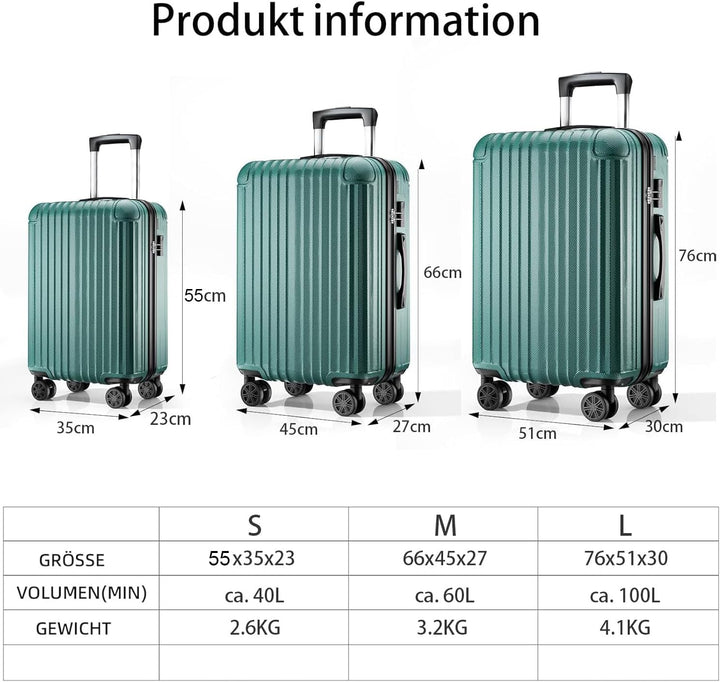 ABISTAB Voyager Reisekoffer Set 3-teilig, Hartschalen Koffer & Trolleys mit 4 Rollen, Zahlenschloss,
