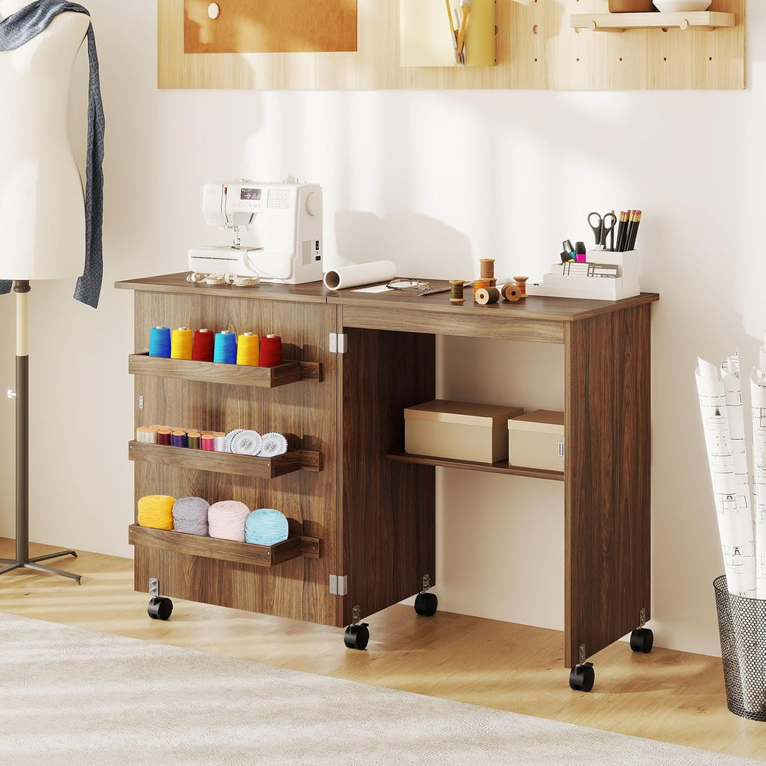 COSTWAY 2 in 1 Nähschrank & Schreibtisch klappbar, Nähtisch aus Holz mit 3 Einlegeböden für Spulen &