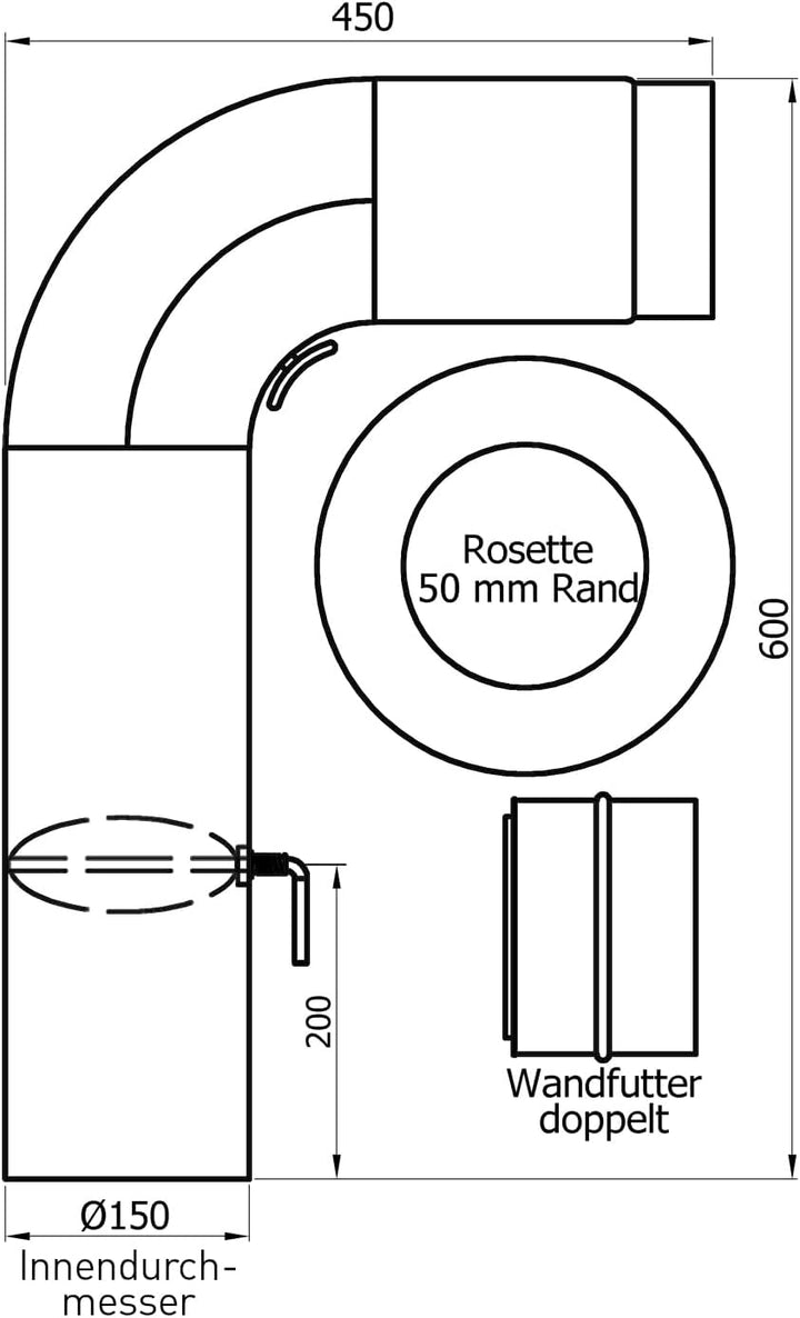 raik Rauchrohr Ofenrohr Set 150 mm einteilig gussgrau 90 Grad Bogen gezogen 2 mm Stahl Senotherm Lac