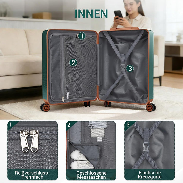 KONO Koffer Handgepäck 55x40x20 cm Hartschalen-Trolley ABS+PC Leicht, 4 Leise 360° Doppelrollen, TSA