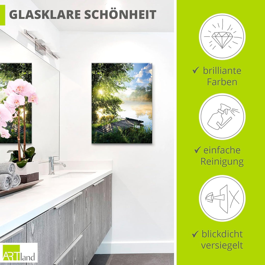 Glasbilder Wandbild Glas Bild einteilig 45x60 cm Hochformat Natur Landschaft Wald Baum See Steg Somm