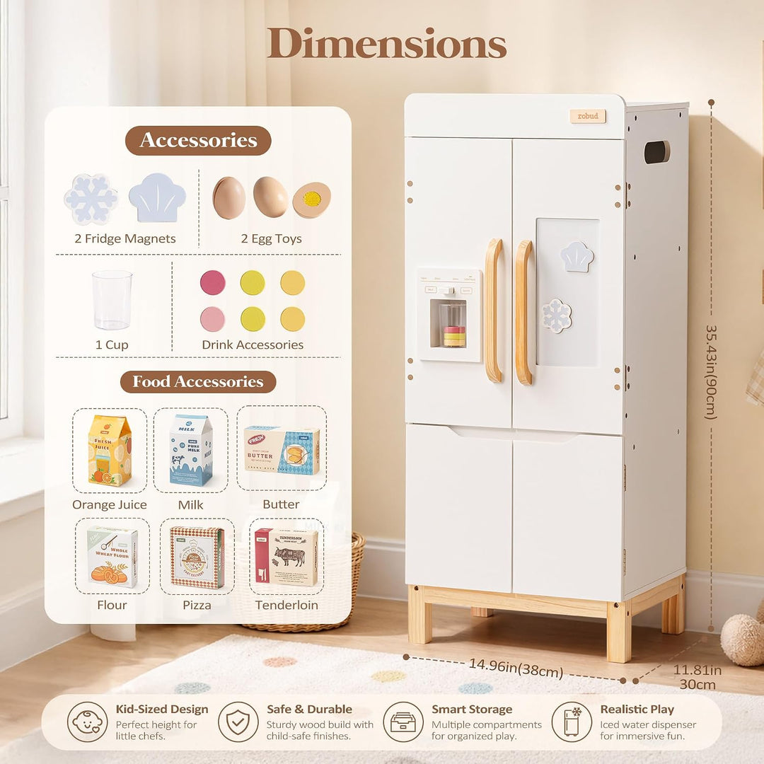 ROBUD Spielkühlschrank Holz für Kinder, Kinderküche Kühlschrank mit Getränkeautomat &amp; Aufbewahrung,