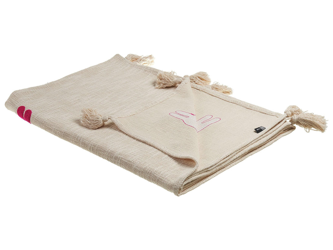 Deko Decke Baumwolle beige/rosa mit Lama-Motiv Quasten 130x180 cm Nandyal