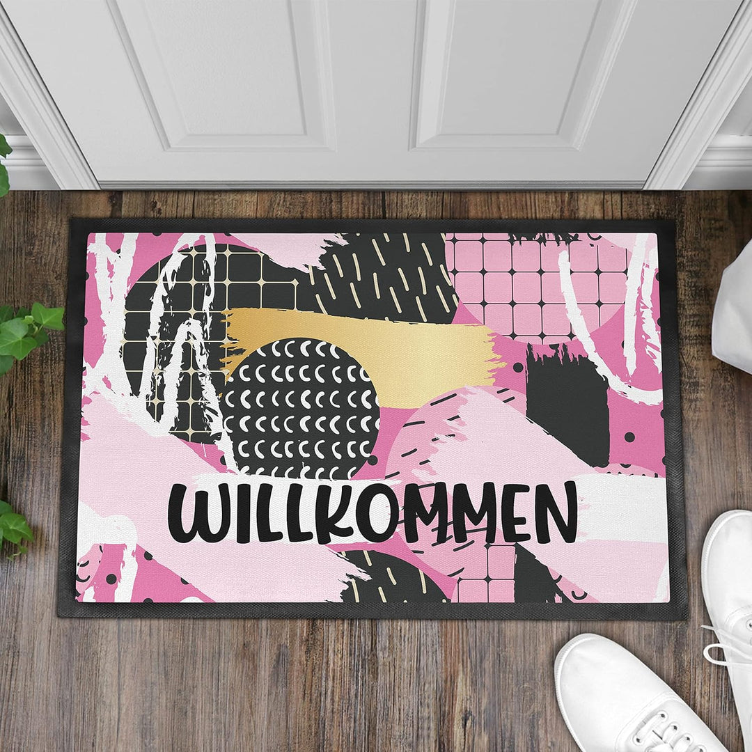 Trendation - Willkommen Pinke Frauen Grafik Fussmatte Geschenk Schöne Fussmatte Aussen und Innenbere