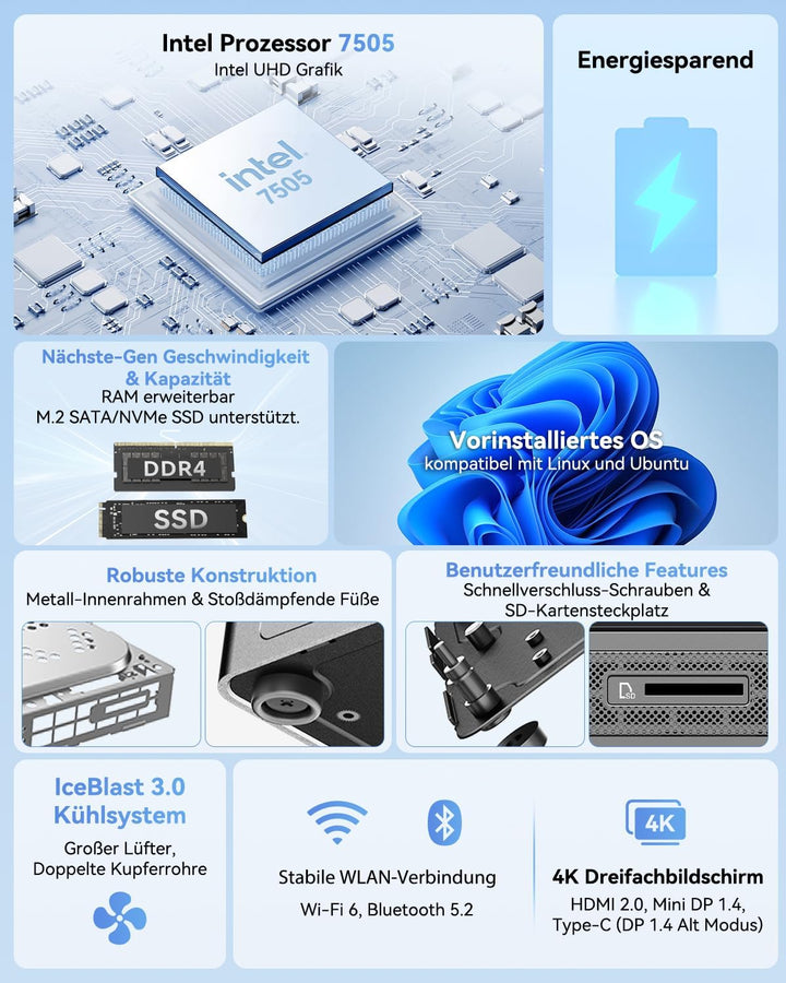 GEEKOM Mini PC Air 12 mit Intel Twin Lake N150(bis zu 3,6 GHz), 16 GB DDR5 4800MHz RAM 512 GB PCIe 3