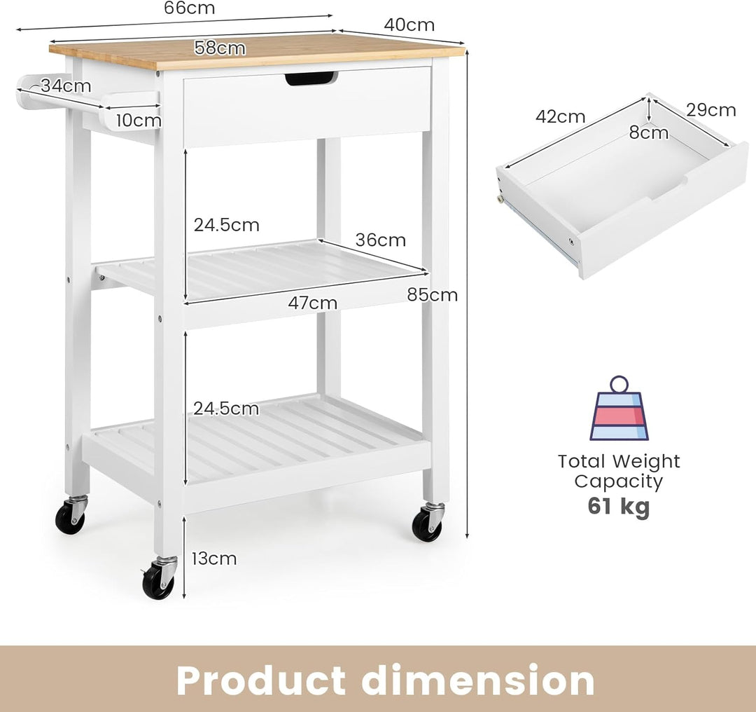 KOMFOTTEU Küchenwagen Kücheninsel aus Bambus & Holz, Servierwagen auf Rollen 66x40x85cm, Küchentroll