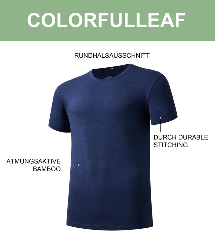 COLORFULLEAF 3/5er Pack Bambus Rundhals T-Shirt Herren Stretch Unterziehshirt Männer Einfarbig Busin