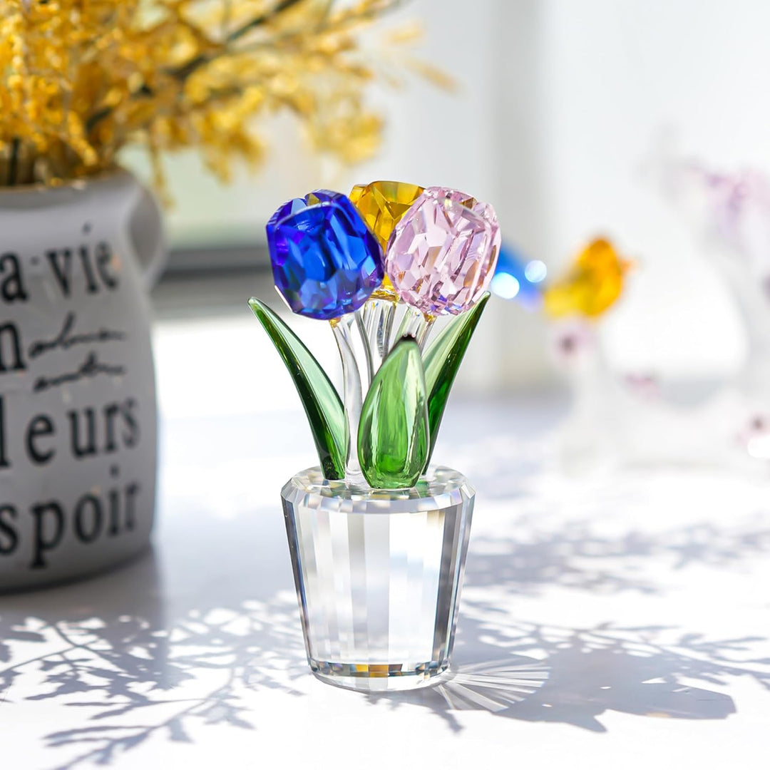 H&D HYALINE & DORA Bunte Kristall Tulpen Figur Sammlerstück, Glasblumenstrauss Briefbeschwerer, Gesc