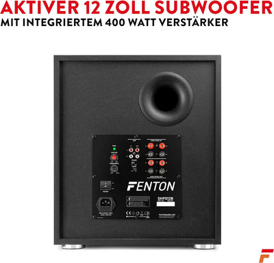 Fenton SHFS12B Subwoofer aktiv 12 Zoll, 400 Watt Sub Woofer, Integrierter Verstärker, Bass Box, Perf