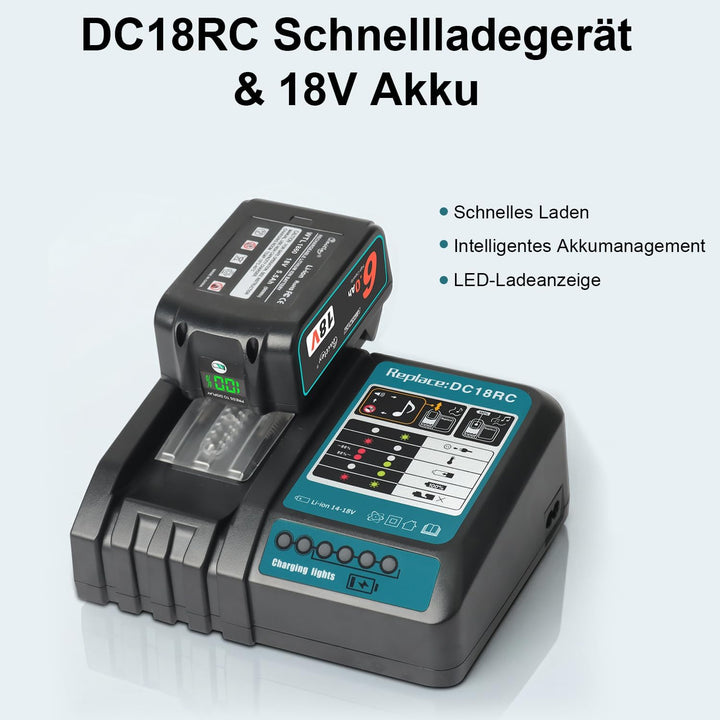 Waitley Schnellladegerät DC18RC kompatibel mit Makita 14,4 Volt und 18 Volt Akku