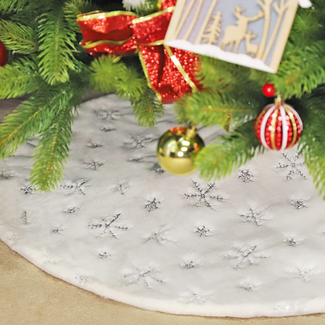 SALCAR Weihnachtsbaumdecke Rund 120cm, Kunstfell Schneeflocke Weihnachtsbaum Decke Weiss, Gross Chri