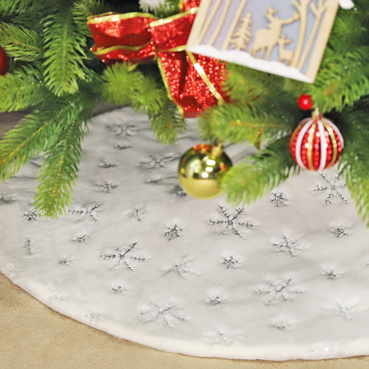 SALCAR Weihnachtsbaumdecke Rund 120cm, Kunstfell Schneeflocke Weihnachtsbaum Decke Weiss, Gross Chri