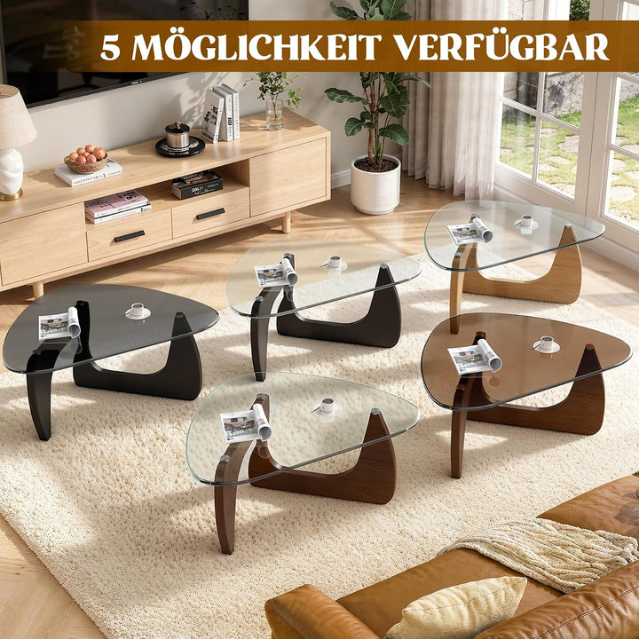 Dreieckiger Beistelltisch, Couchtisch Glas Transparent, Grosser Wohnzimmertisch Mid-Century, MDF Hol