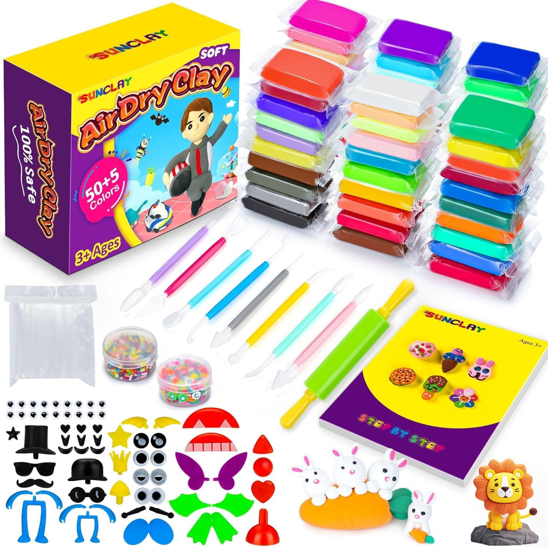 SUNCLAY Modelliermasse Lufttrocknend - 55 Farben Knete Set mit 80 Seiten Anleitungsbuch 9 Stück Knet