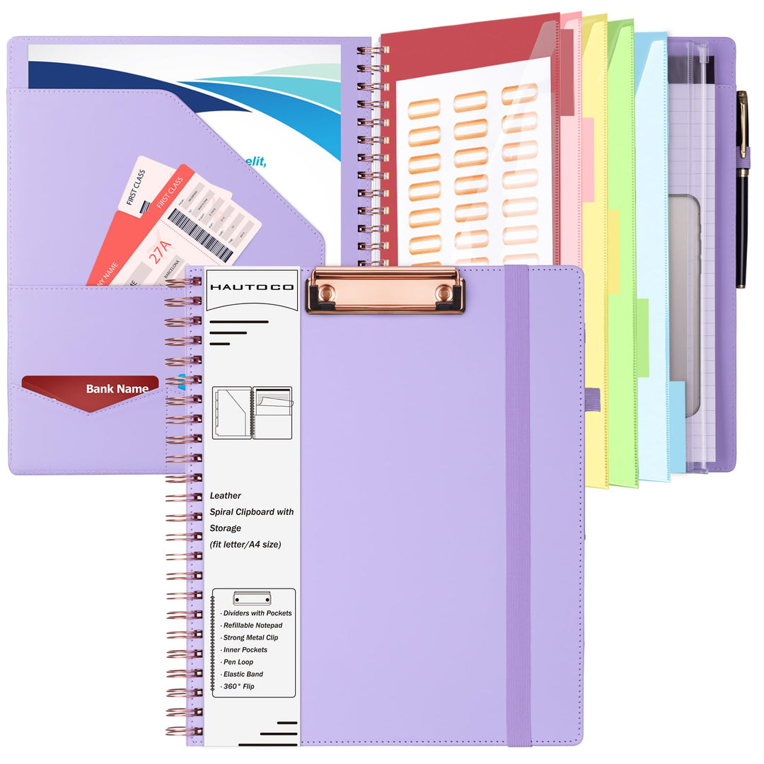Hautoco Klemmbrett Folio mit a4 Zip Beutel, Klemmbrettmappe mit nachfüllbarem Notizblock, 5 A4-Ordne