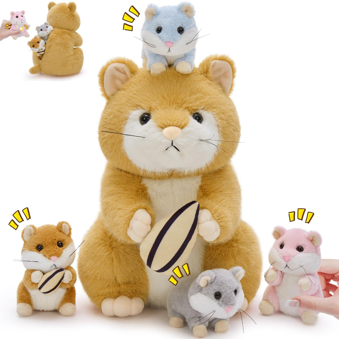 MorisMos 5 stücke Hamster Plüschtier Set, 32cm gross süss Hamster Kuscheltier XXL mit 4 Babys im Bau