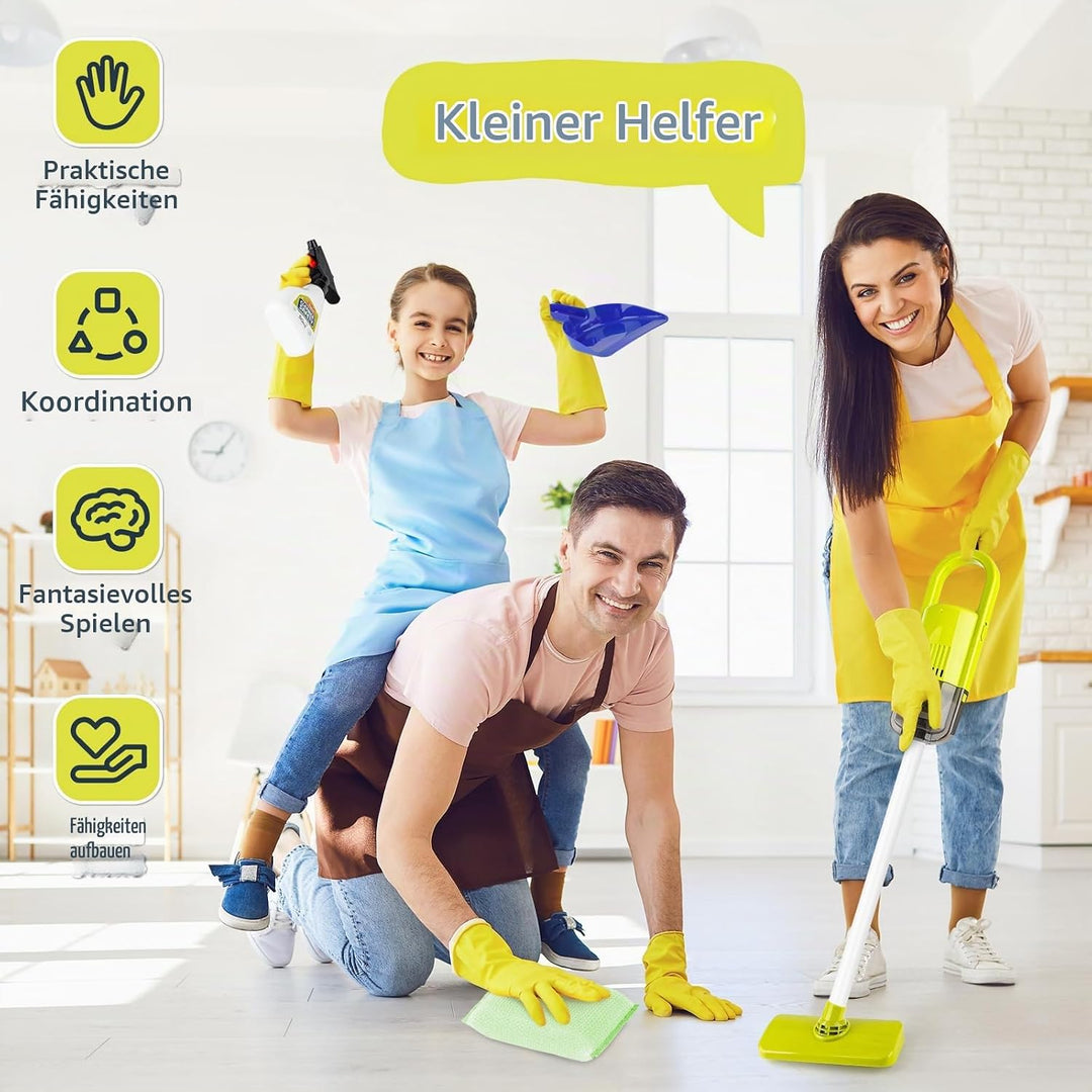 deAO Kinder Putzwagen ab 2 3 4 Jahre mit Wischmop, Eimer, Besen, Staubsauger, Bürsten, Kehrschaufel,