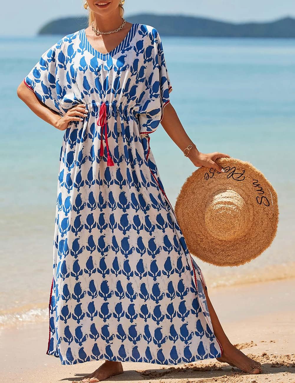 Bsubseach Damen Beachwear Türkische Kaftans Lange Strandkleid Caftan Beach Dress Weiss 2, Weiss 2