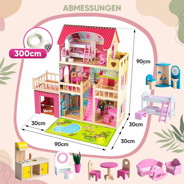 Kinderplay Puppenhaus Holz Gross, Puppenvilla, Puppenhaus Holz Gross komplett - Barbie Traumvilla, B