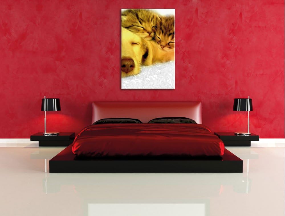 Pixxprint niedlicher Welpe kuschelt mit süssen Kätzchen, Format: 80x120 auf hochkantiges Leinwand, X