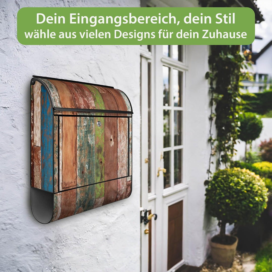 banjado® Design Briefkasten mit Motiv Buntes Holz 39x47x14cm &amp; 2 Schlüssel - Briefkasten Stahl schwa