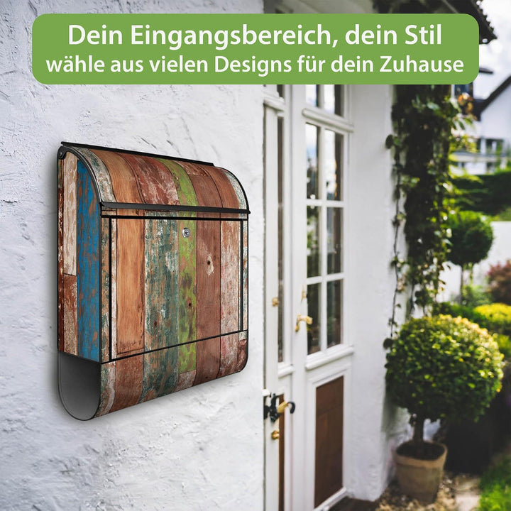 banjado® Design Briefkasten mit Motiv Buntes Holz 39x47x14cm &amp; 2 Schlüssel - Briefkasten Stahl schwa