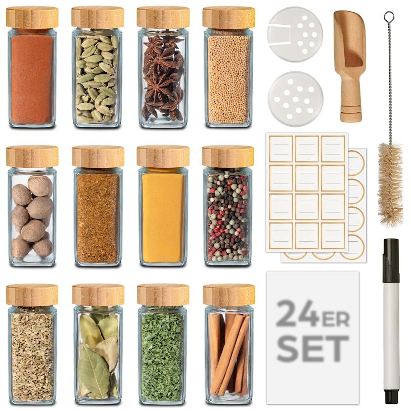 Praknu Gewürzgläser Eckig mit FSC® Bambusdeckel - 24er Set - Gewürz Organizer - Mit Streueinsatz - G