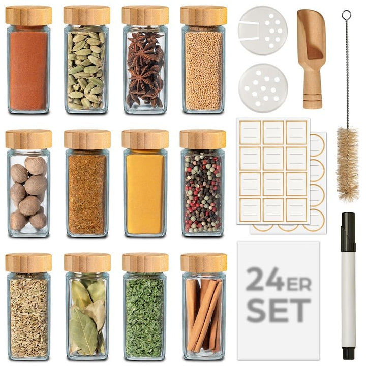 Praknu Gewürzgläser Eckig mit FSC® Bambusdeckel - 24er Set - Gewürz Organizer - Mit Streueinsatz - G