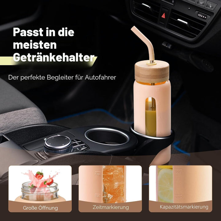 BLUEGO 900ml Glaswasserflasche mit Strohhalm und 2 Deckeln Kaffeetasse aus Glas mit Zeitmarkierung u