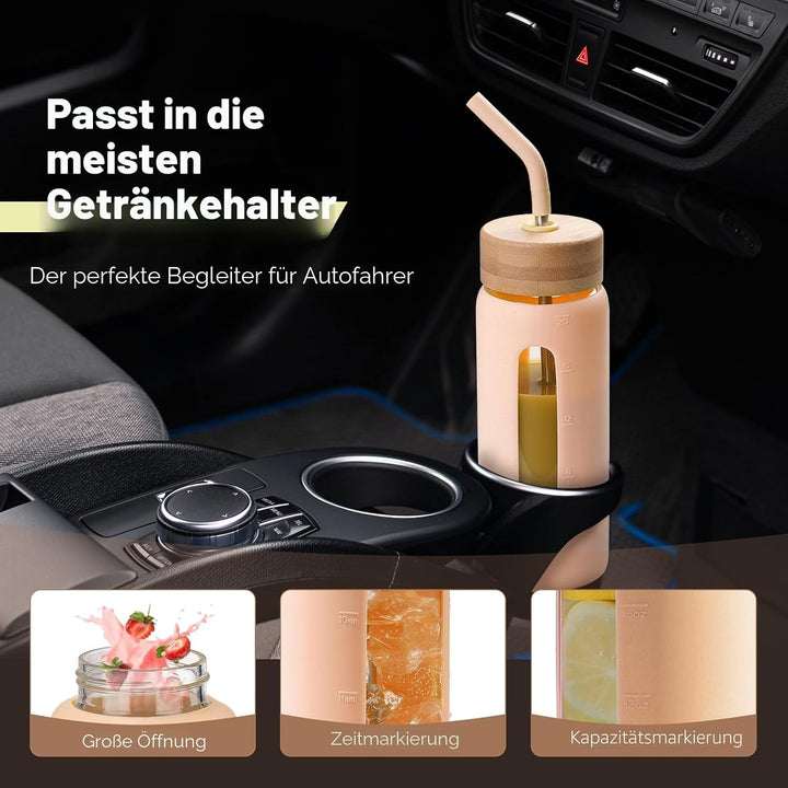 BLUEGO 700ml Glaswasserflasche mit Strohhalm und 2 Deckeln Kaffeetasse aus Glas mit Zeitmarkierung u